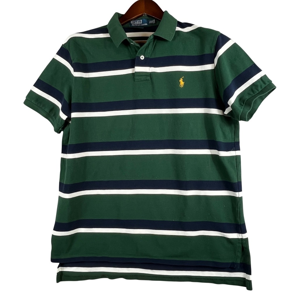 Polo Ralph Lauren XL Custom Fit Green Stripe Polo Shirt Yellow Pony Pique Cotton